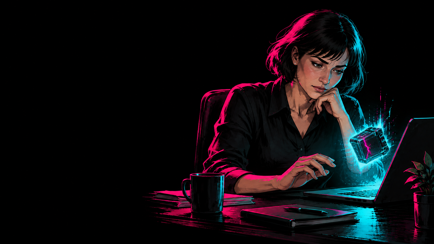 Komiksowa ilustracja Anny przy laptopie z podejrzanym dodatkiem przedstawionym jako świecący moduł.