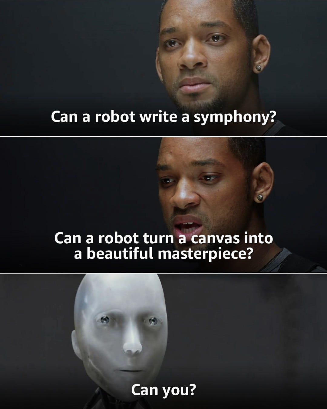 Kolaż trzech kadrów ze sceny filmu Ja, robot