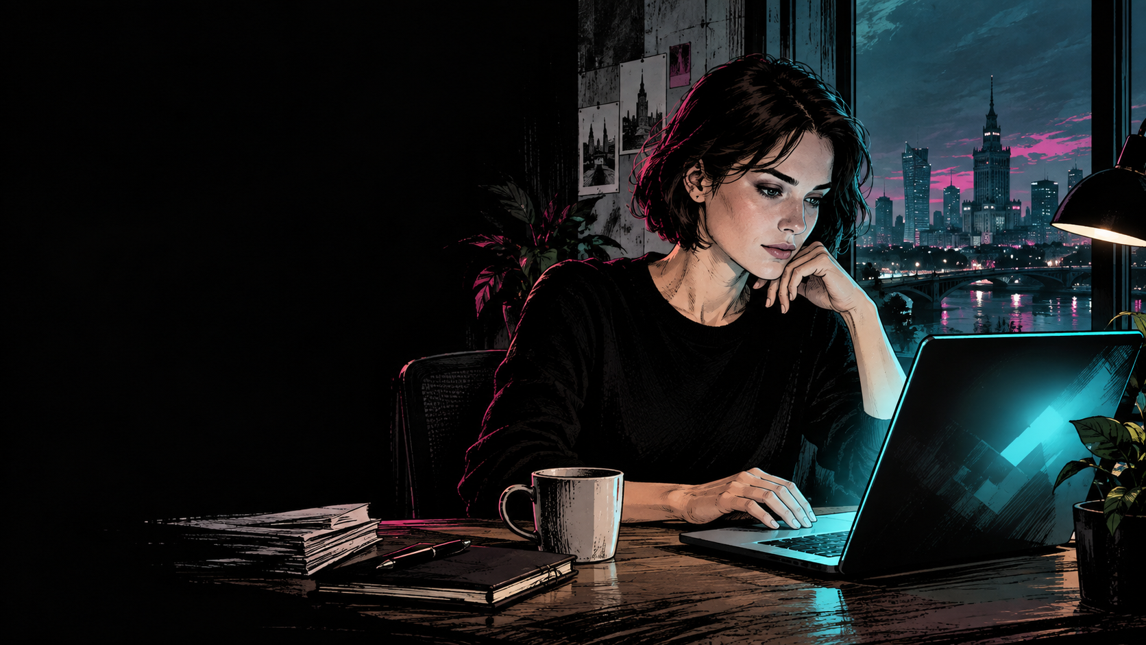 Komiksowa ilustracja kobiety pracującej przy laptopie, z panoramą Warszawy za oknem.